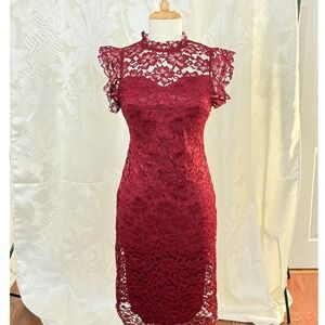 Enfocus Studio Burgundy Lace Sheath Dress Mock Neck Flutter Sleeve Size 4